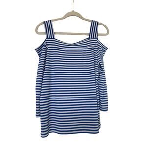 Chico's Blue and White Nautical Knit Kit Slender Stripe Cold-Shoulder Top